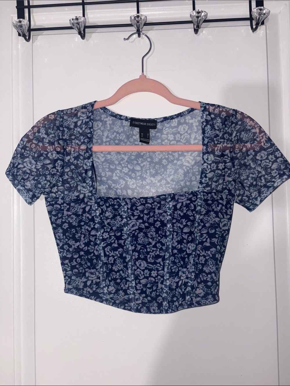 Streetwear Society Navy Floral Square-Neck Sheer Sleeve Crop Top